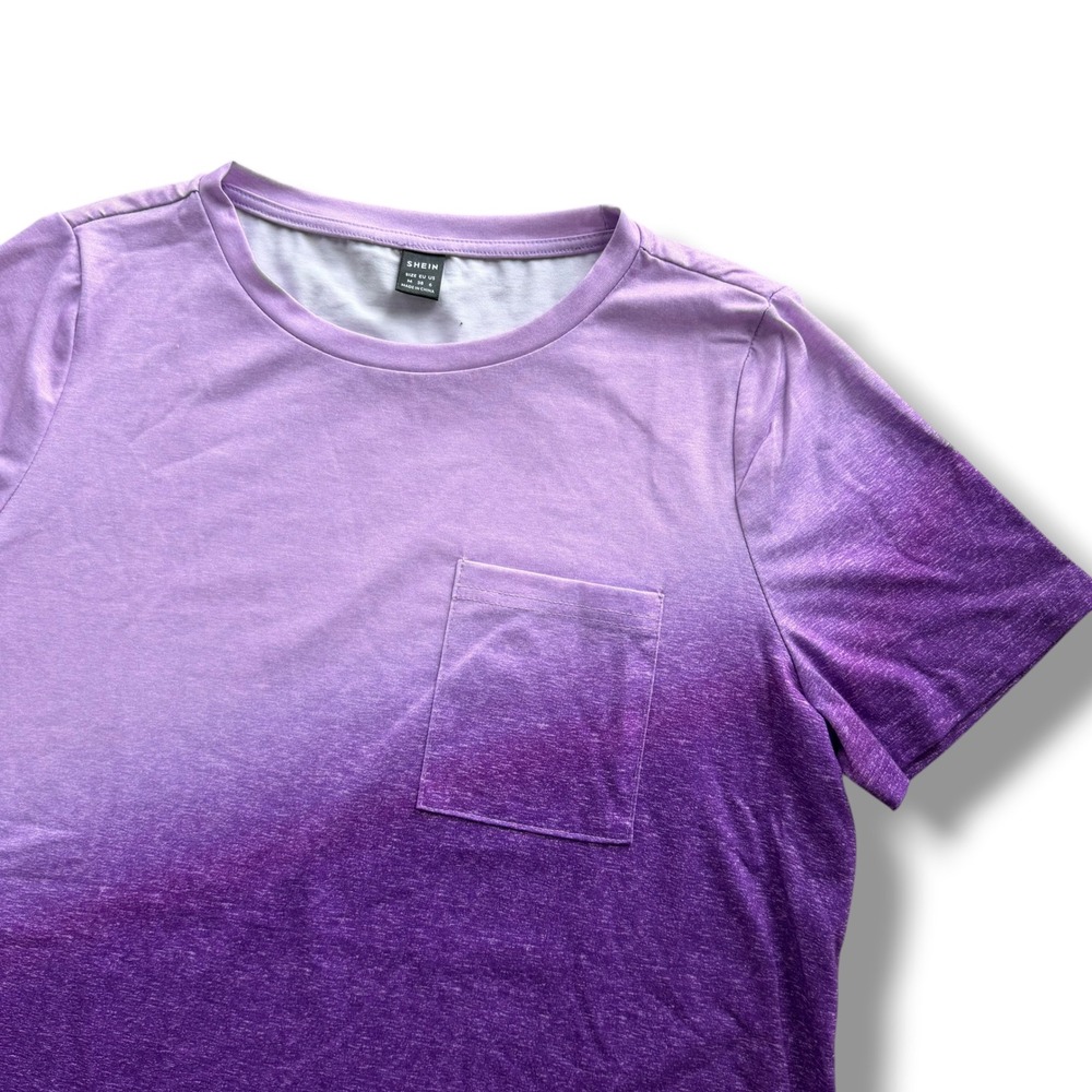 Women's Size Med Purple Ombre Space Dye Short Sleeve Pocket Tee Shirt Cozy Girly